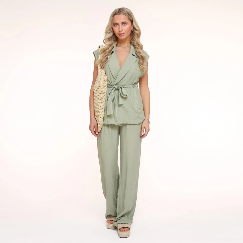 Army Green Linen Viscose Pants.