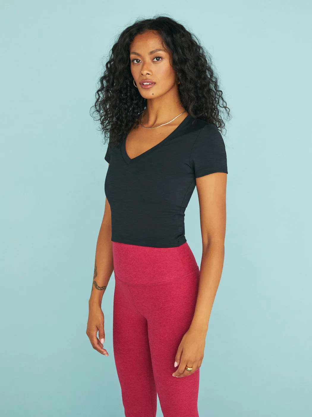 Black Heather Ribbed Short Sleeve Cropped T-Shirt