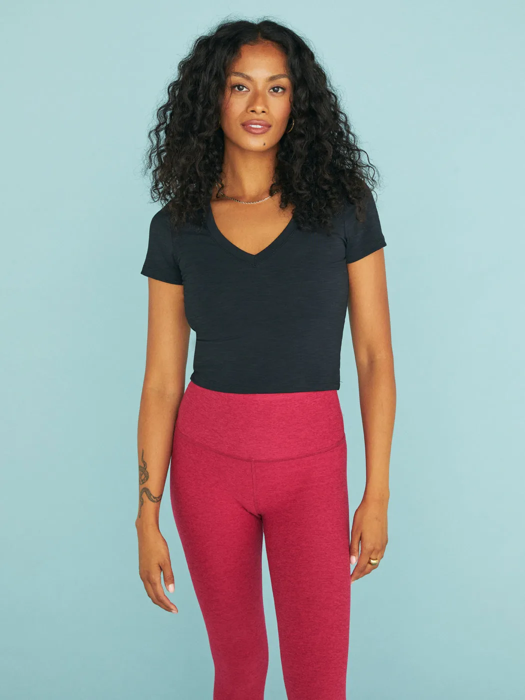 Black Heather Ribbed Short Sleeve Cropped T-Shirt