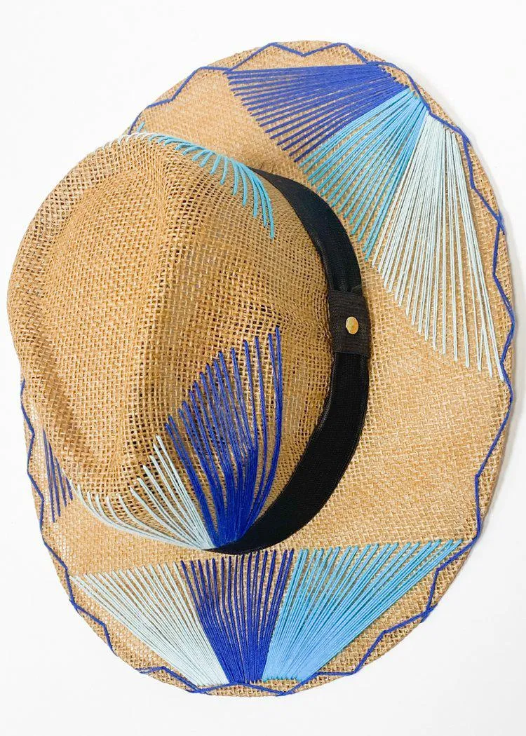 Blue Tan Hat with Palm Leaf Design