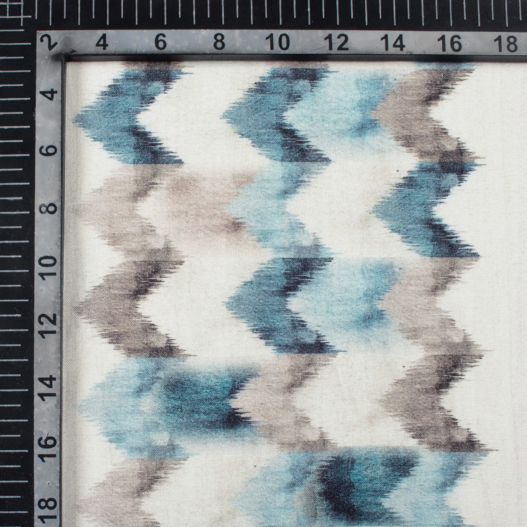 Chevron Pattern Viscose Rayon Fabric - White and Stone Blue Digital Print (58 Inches Wide)