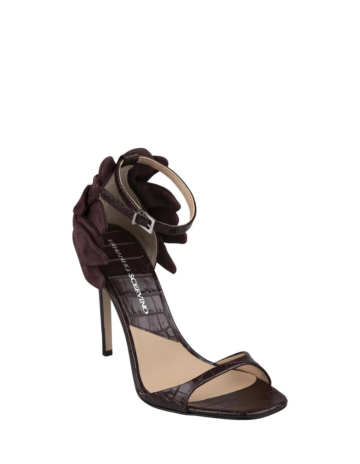 ERMANNO SCERVINO Brown Crocodile Effect Leather Sandals With Flower Detailing