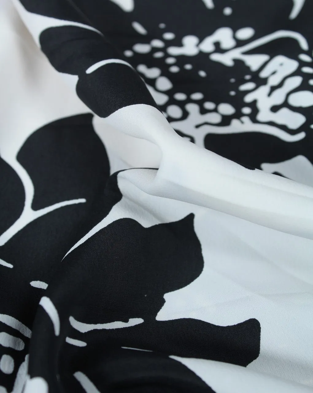 Floral Design Polyester Crepe Fabric - White Black Pattern