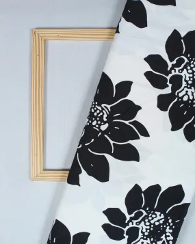 Floral Design Polyester Crepe Fabric - White Black Pattern