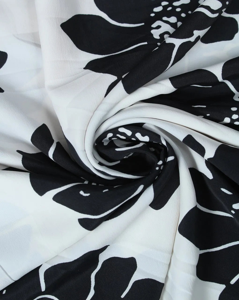 Floral Design Polyester Crepe Fabric - White Black Pattern