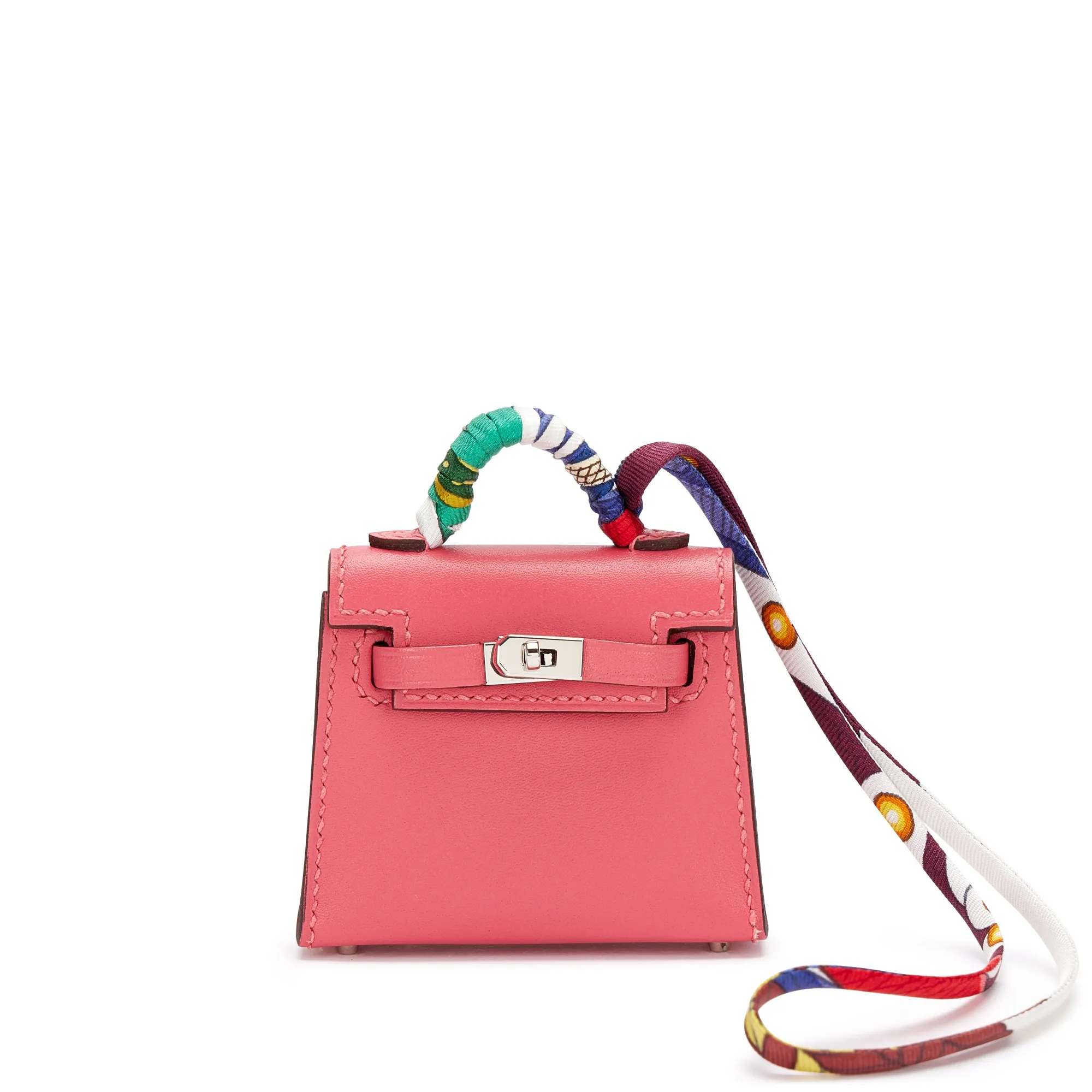 Hermes Rose Lipstick Tadelakt Micro Mini Kelly Twilly Bag Charm Palladium Hardware, 2022