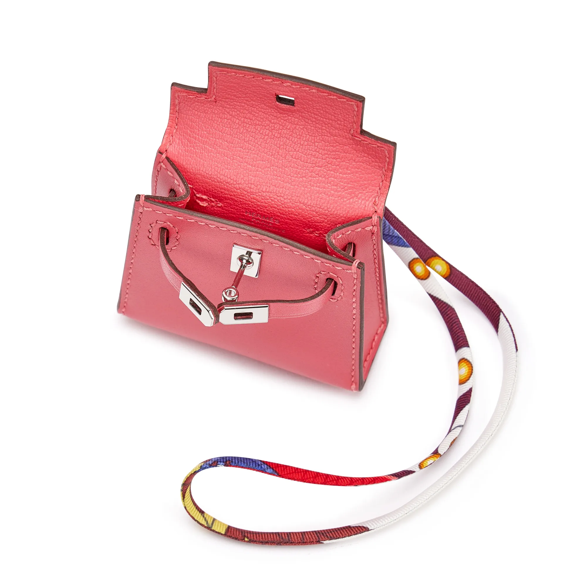 Hermes Rose Lipstick Tadelakt Micro Mini Kelly Twilly Bag Charm Palladium Hardware, 2022