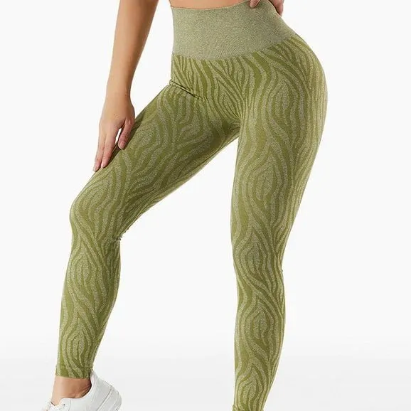 High Waist Zebra Print Leggings in Herb Green camouflage seamless.