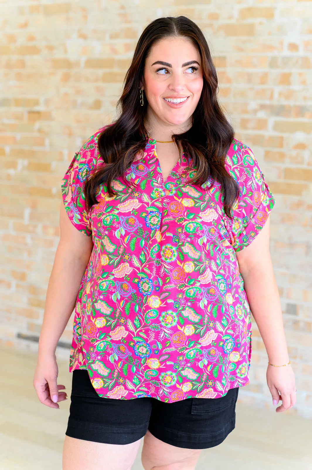 Fuchsia and Green Floral Paisley Lizzy Cap Sleeve Top