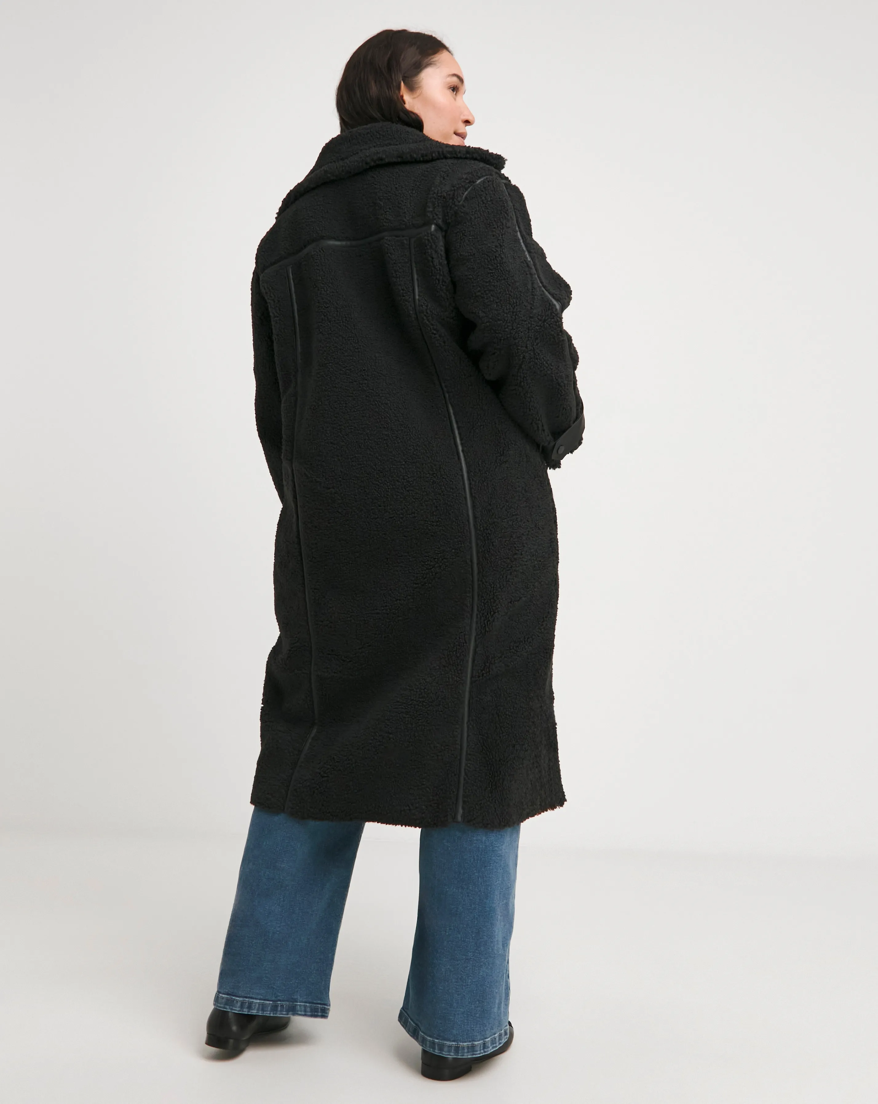 Longline Faux Leather Trimmed Black Teddy Coat