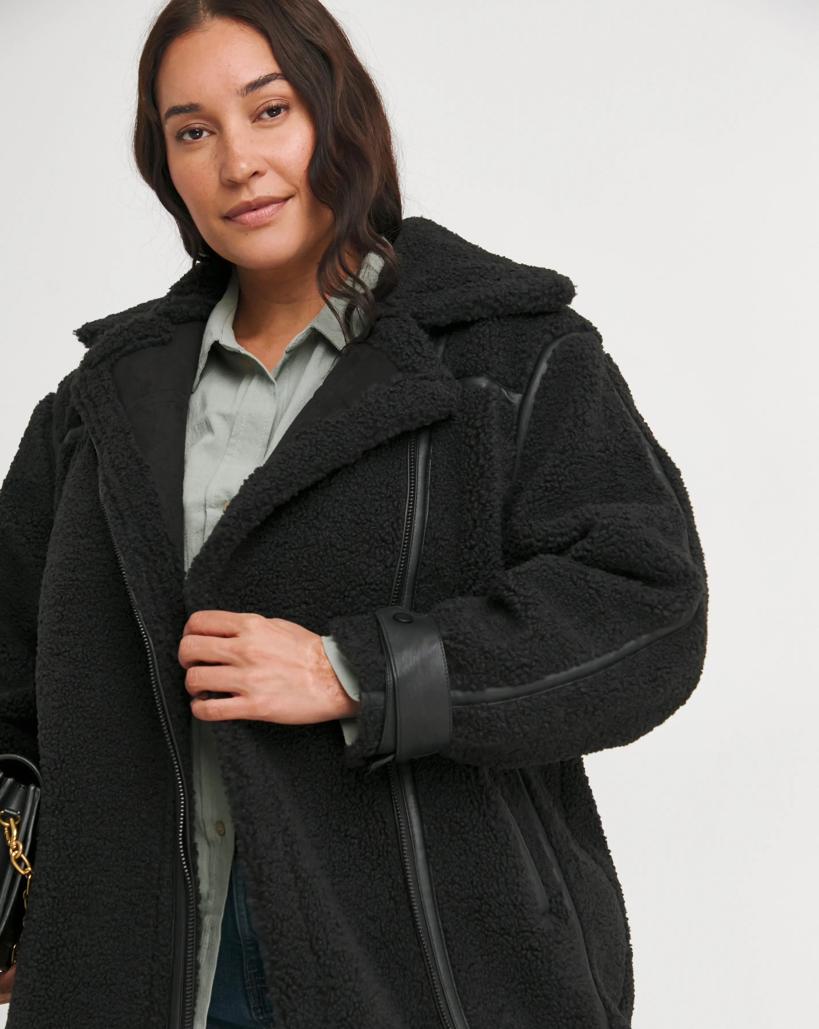 Longline Faux Leather Trimmed Black Teddy Coat