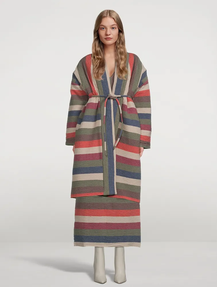 MARA HOFFMAN Kathya Long Striped Coat in Robe-style Design