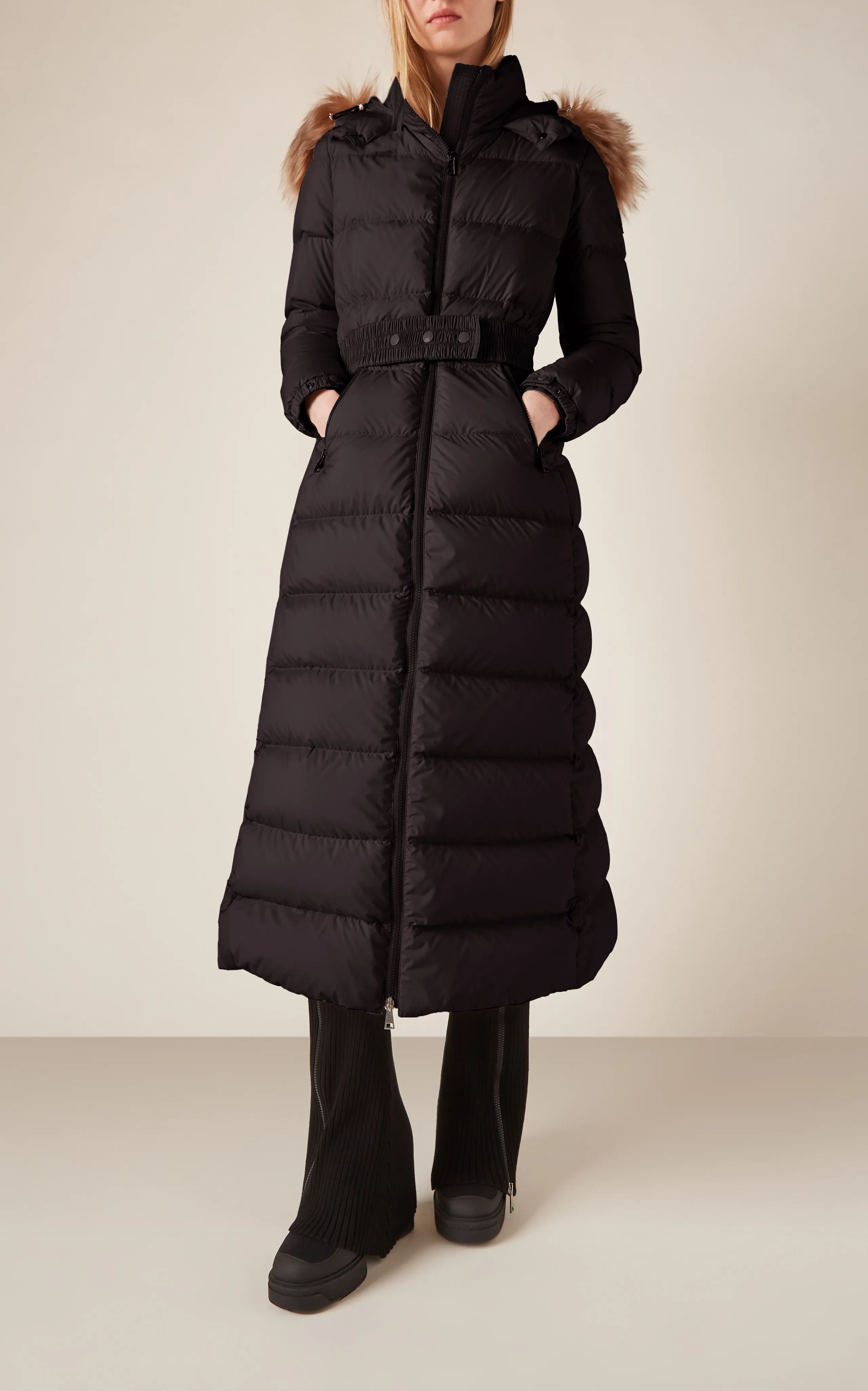 Long Down Jacket with Shearling Trim by Moncler Fudson