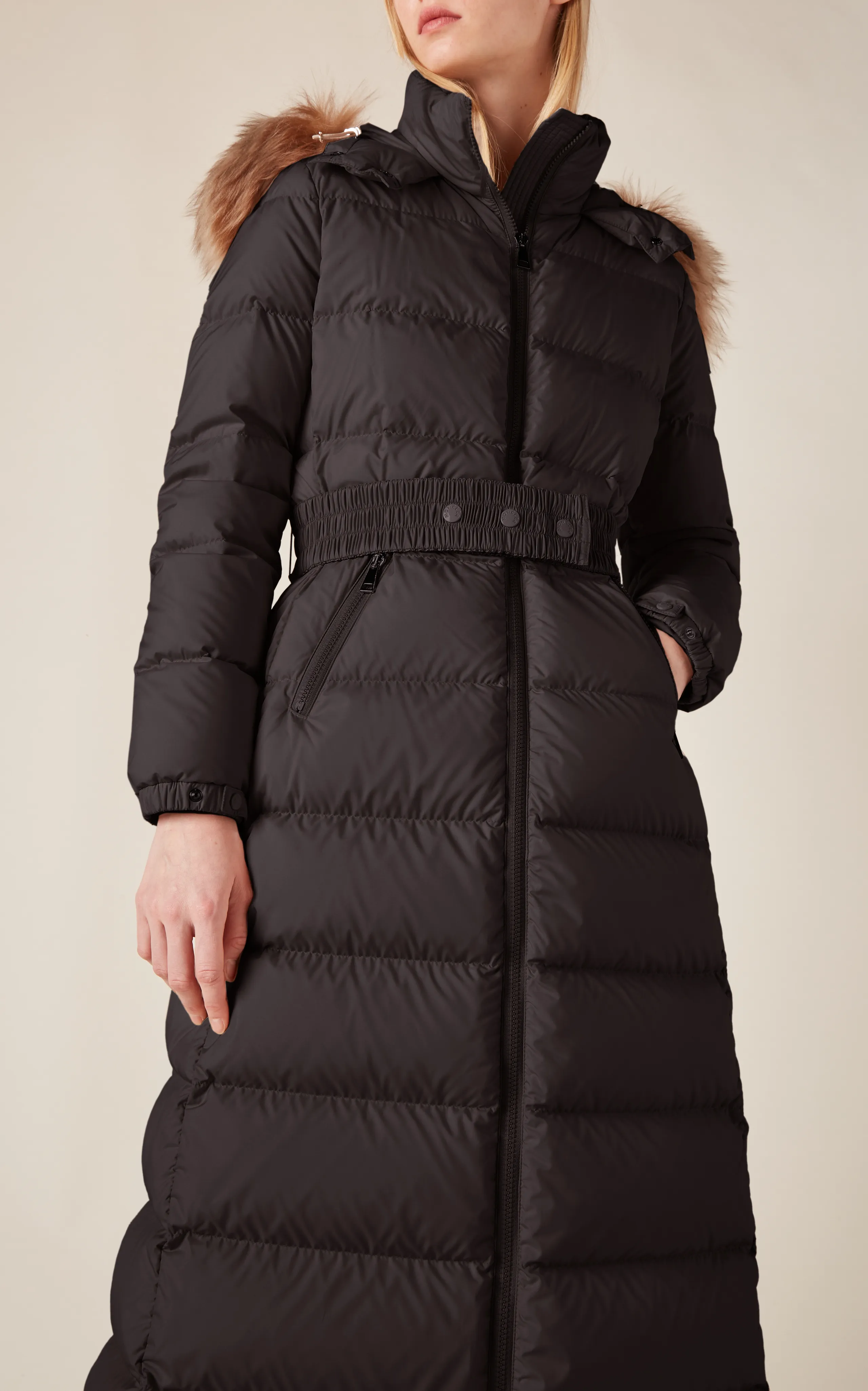 Long Down Jacket with Shearling Trim by Moncler Fudson