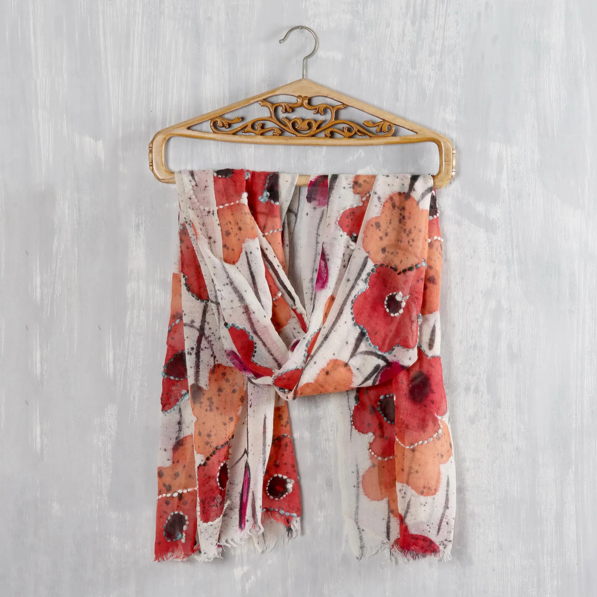 Red and Orange Floral Wool Shawl - Morning Allure Collection from India