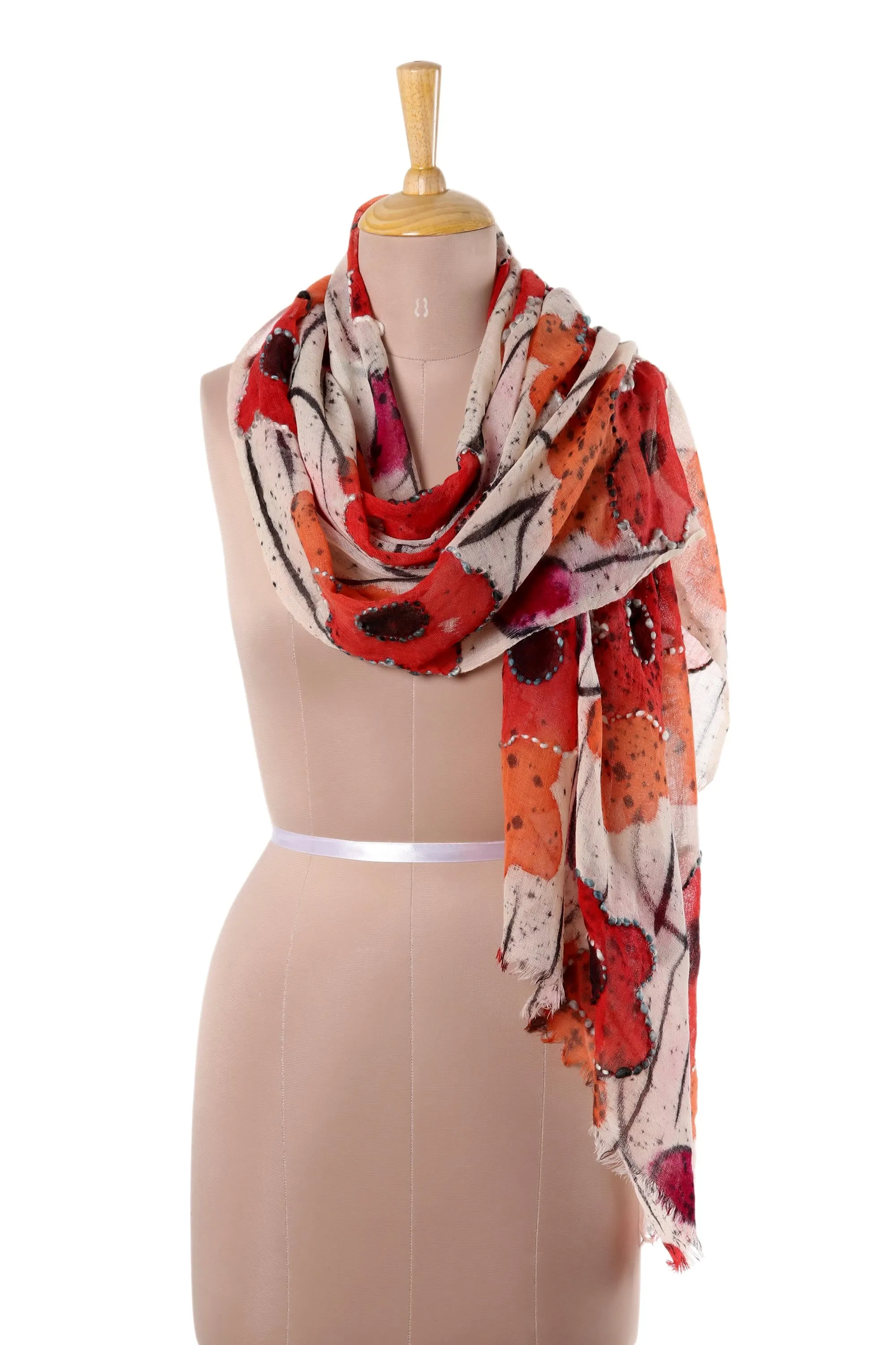 Red and Orange Floral Wool Shawl - Morning Allure Collection from India