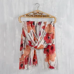 Red and Orange Floral Wool Shawl - Morning Allure Collection from India