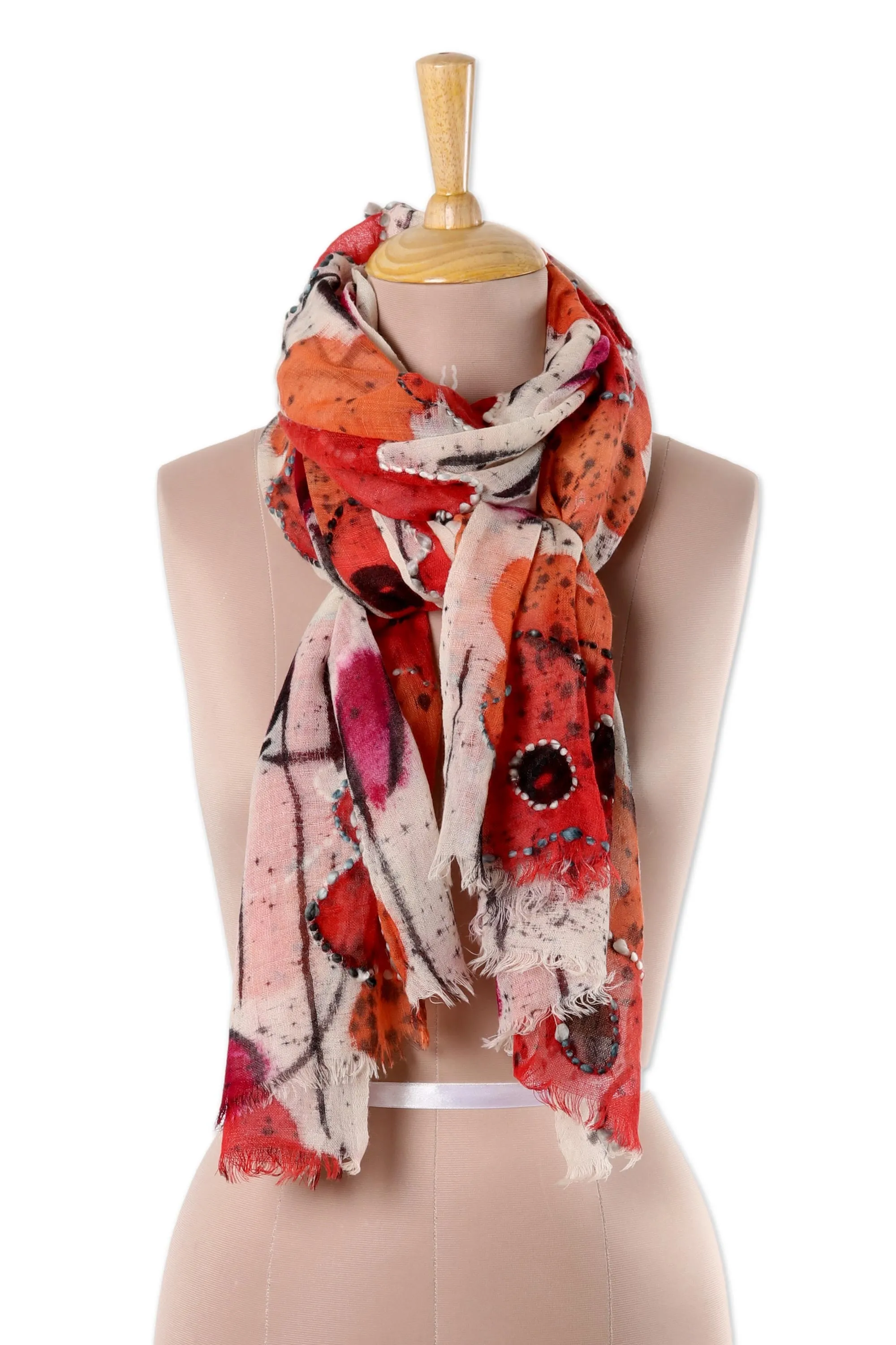 Red and Orange Floral Wool Shawl - Morning Allure Collection from India