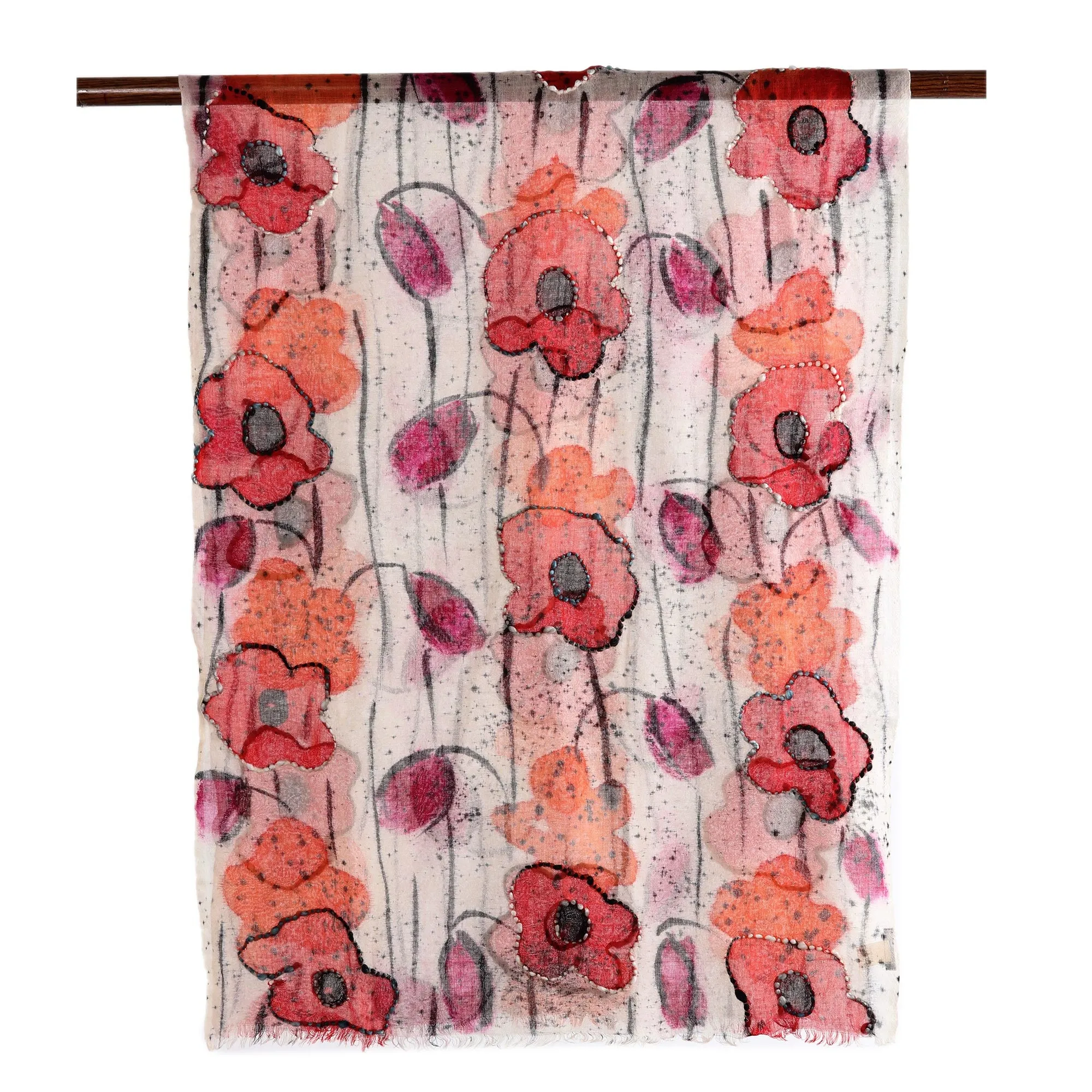 Red and Orange Floral Wool Shawl - Morning Allure Collection from India