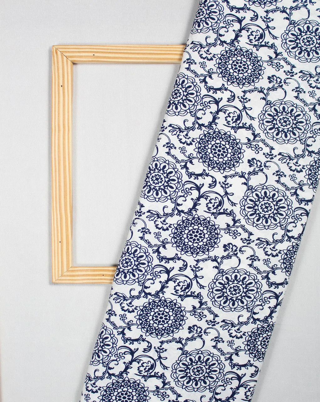 Navy Blue and White Floral Polyester Crepe Fabric