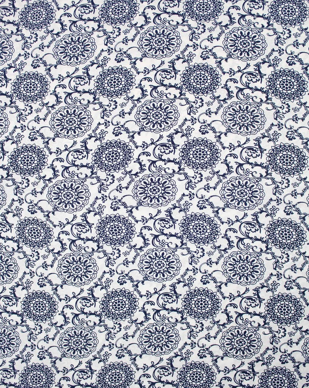 Navy Blue and White Floral Polyester Crepe Fabric