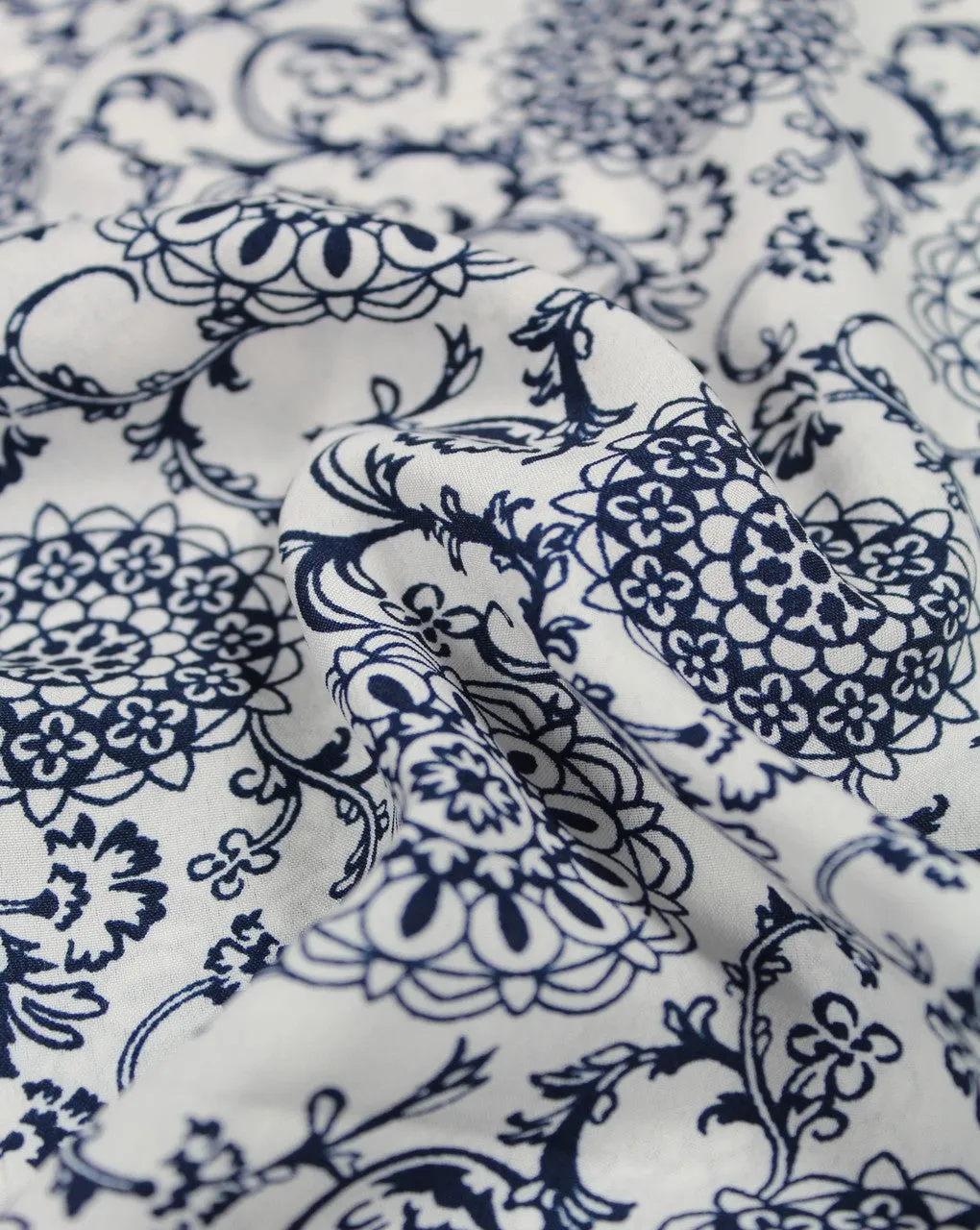 Navy Blue and White Floral Polyester Crepe Fabric