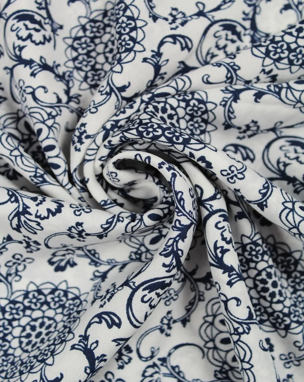 Navy Blue and White Floral Polyester Crepe Fabric