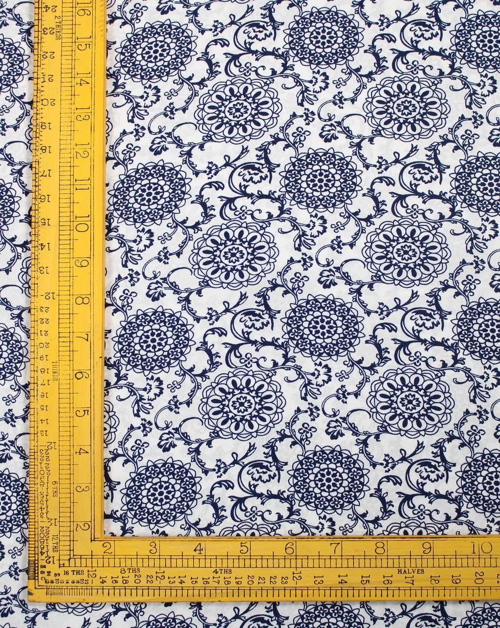 Navy Blue and White Floral Polyester Crepe Fabric