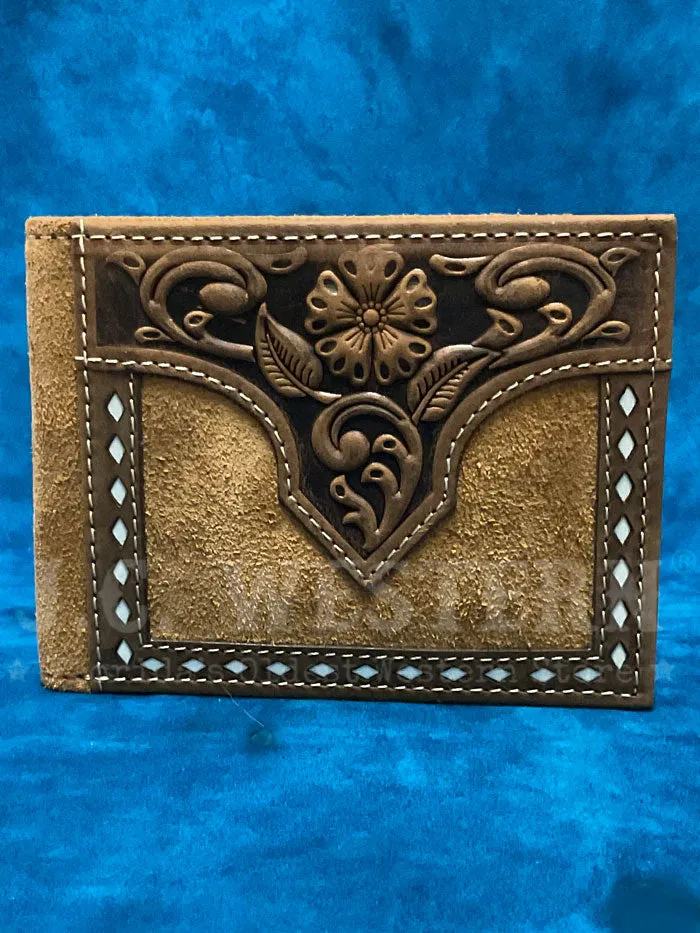 Nocona N5415908 Men's Floral Embossed White Buck Leather Bifold Wallet Tan