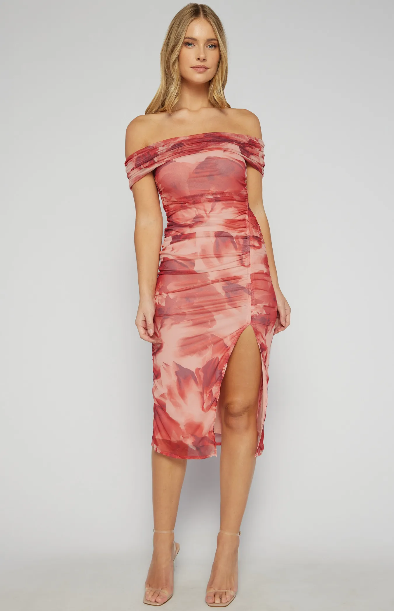 Floral Print Ruche Mesh Off Shoulder Midi Dress (WDR655-3A)