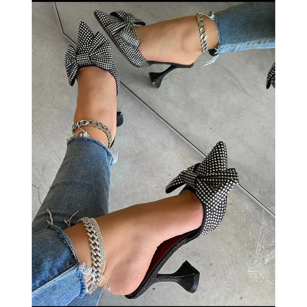 Crystal Sandals with Pointed Bow