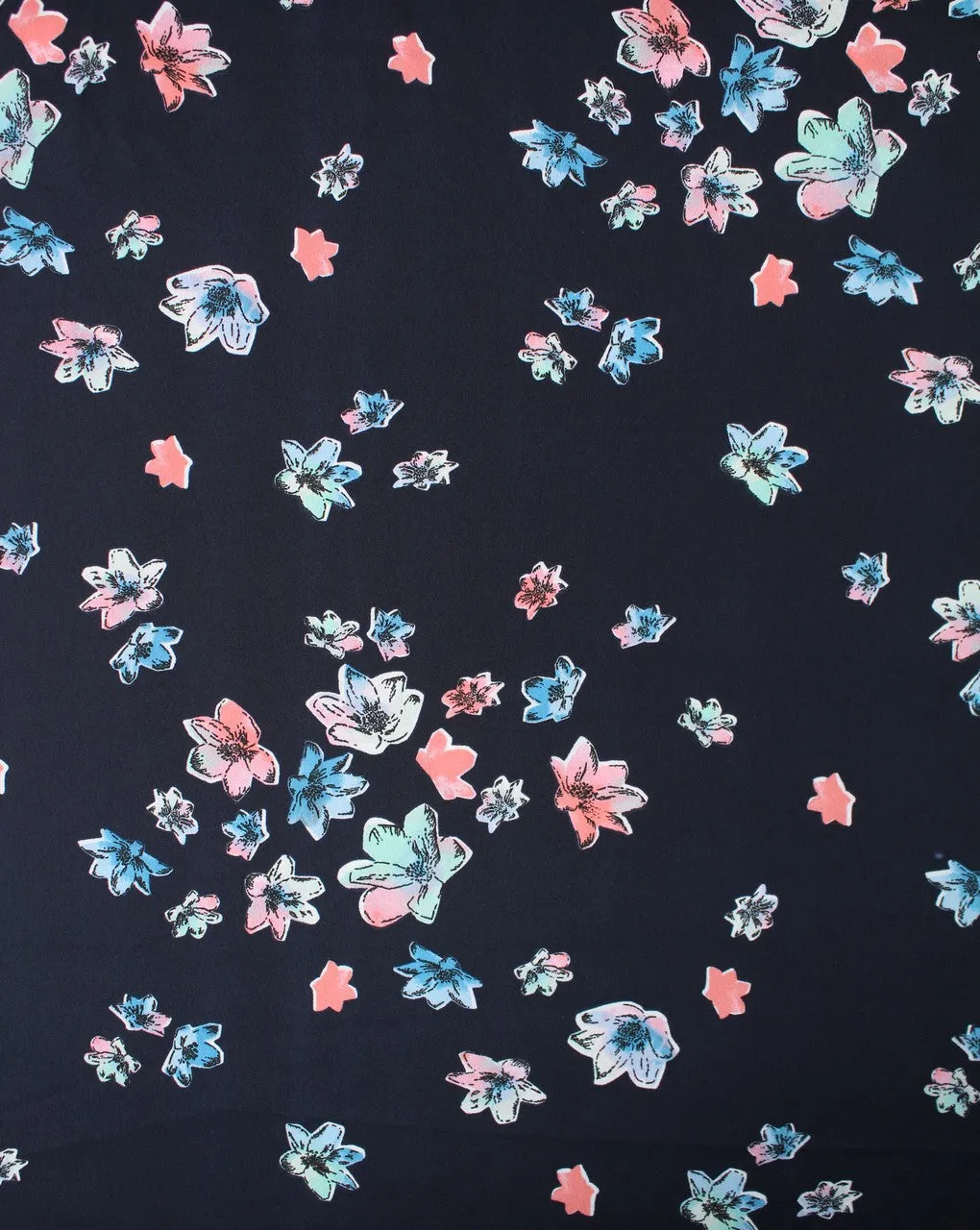 Polyester Crepe Fabric with Navy Blue and Multicolor Floral Design