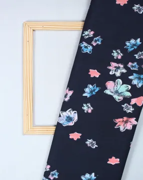 Polyester Crepe Fabric with Navy Blue and Multicolor Floral Design