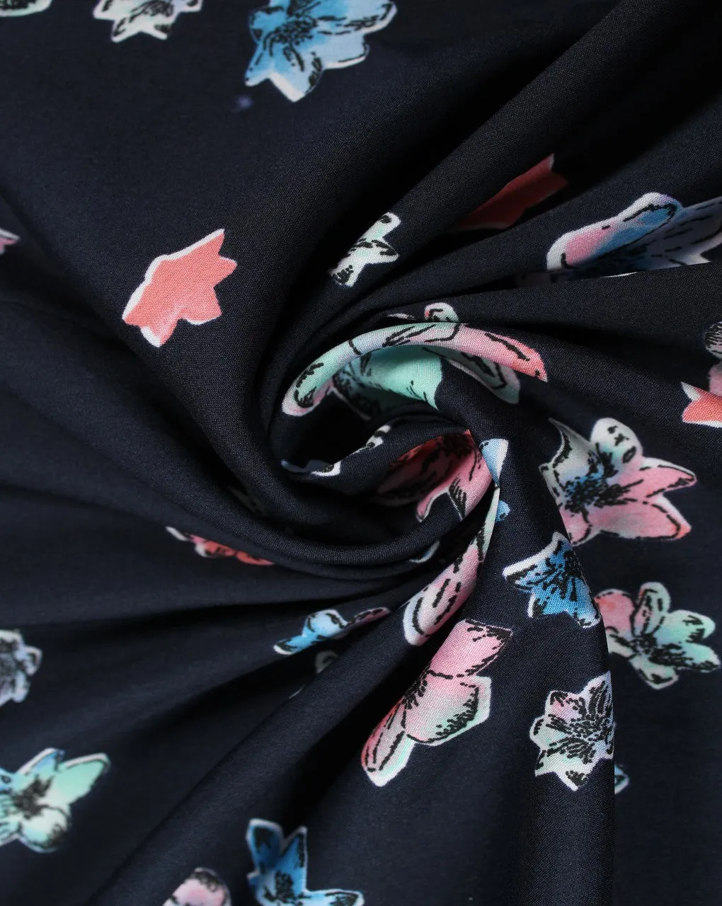 Polyester Crepe Fabric with Navy Blue and Multicolor Floral Design