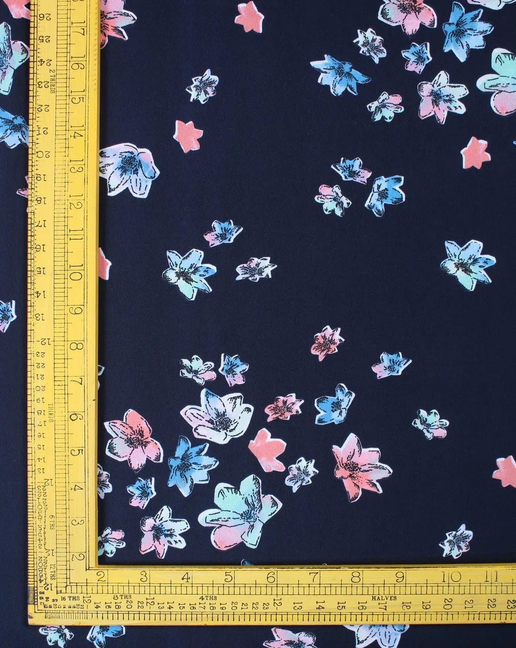 Polyester Crepe Fabric with Navy Blue and Multicolor Floral Design