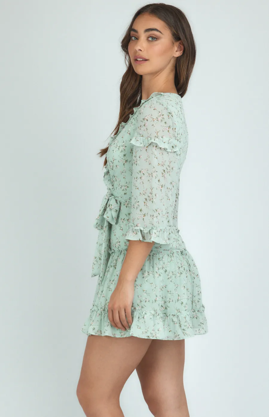 Frill Details Printed Dress with 3/4 Sleeves (SDR760-2A)