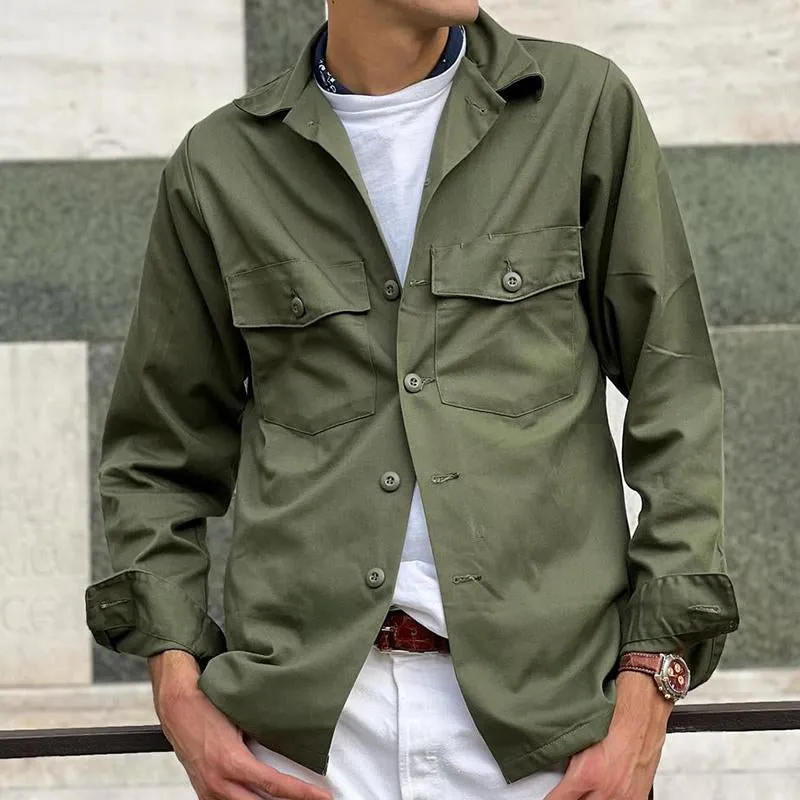 Retro Men's Solid Color Pocket Work Jacket