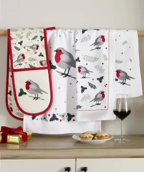 Tea Towel and Oven Glove Set with Robin Design