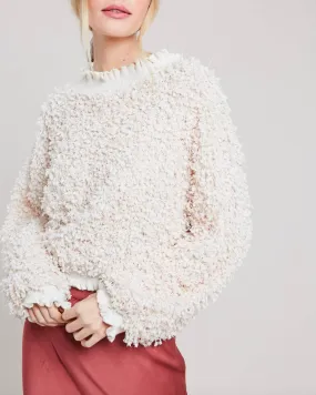 Ruffle Hem Natural Textured Mock Neck Pullover