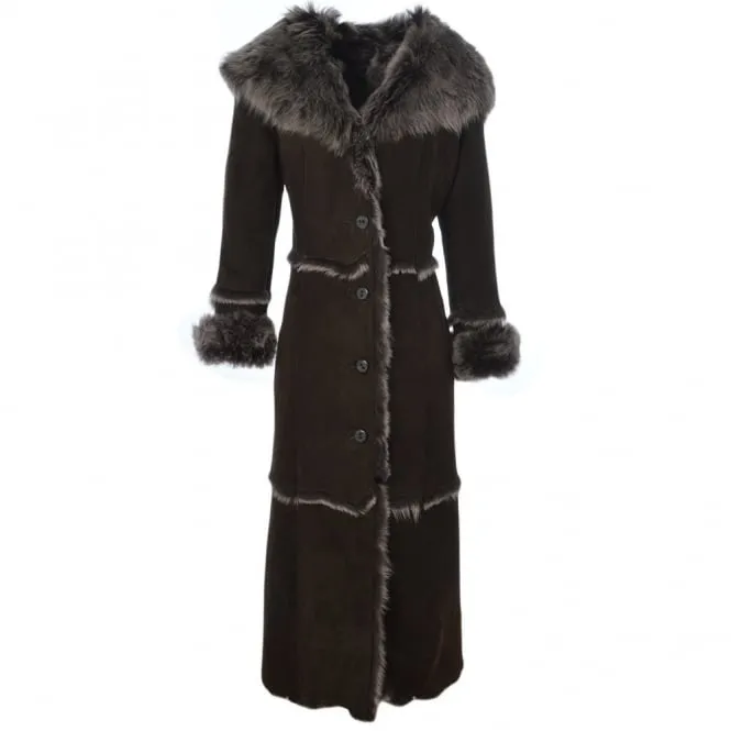 Sheepskin Coat Long Length Brown: Sophia - Online Store