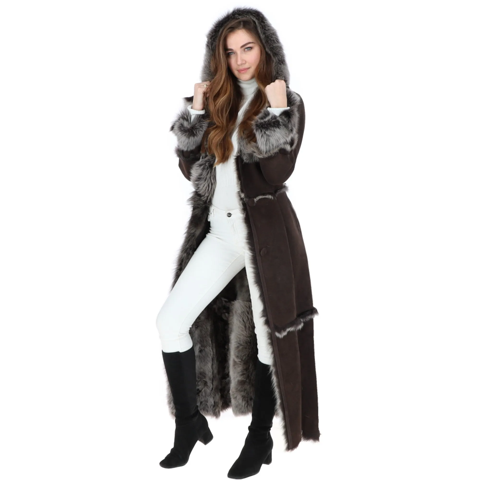 Sheepskin Coat Long Length Brown: Sophia - Online Store