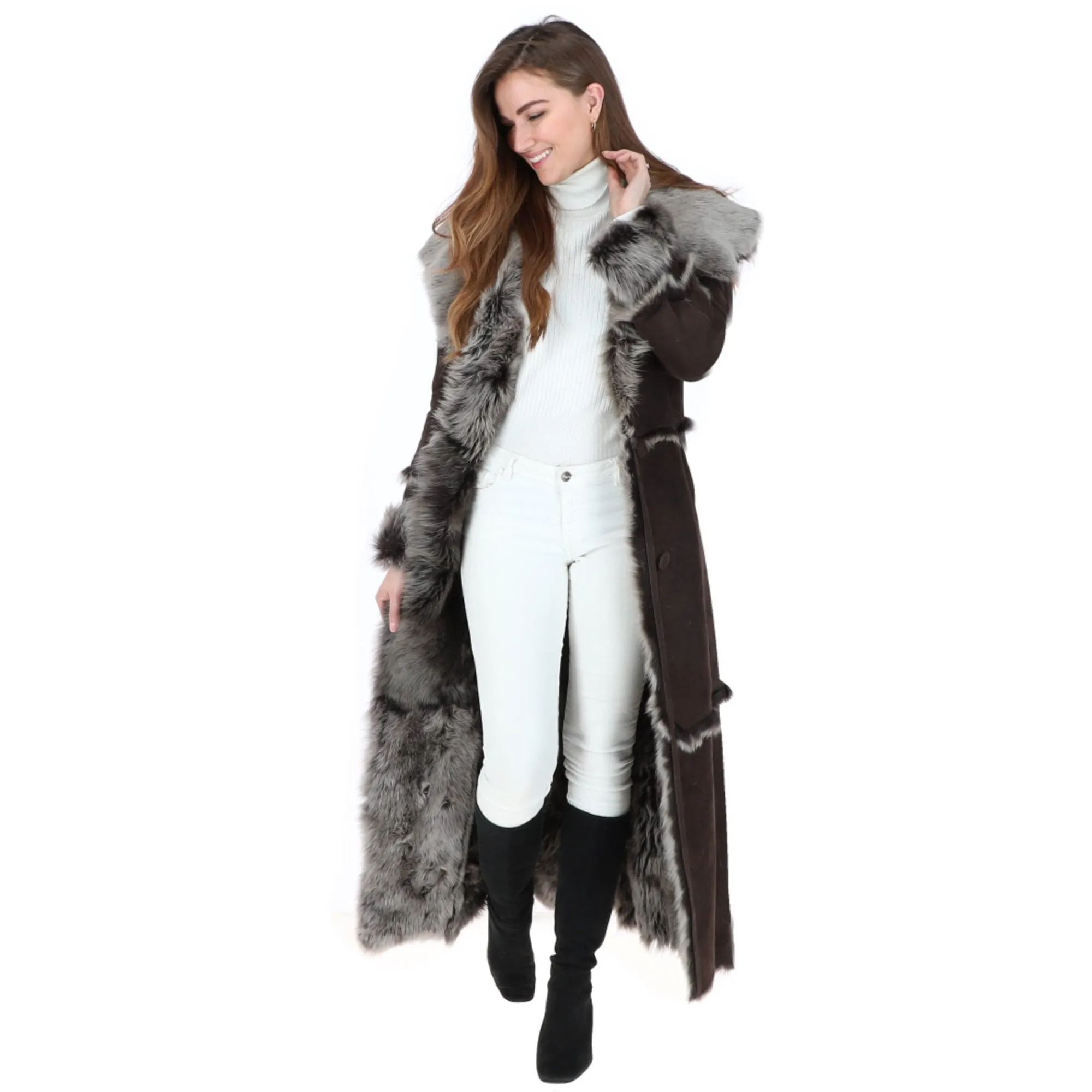 Sheepskin Coat Long Length Brown: Sophia - Online Store