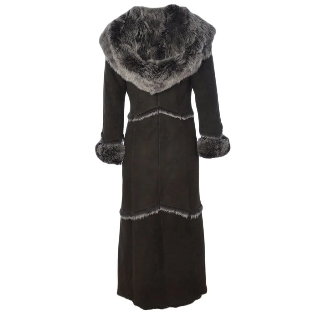 Sheepskin Coat Long Length Brown: Sophia - Online Store