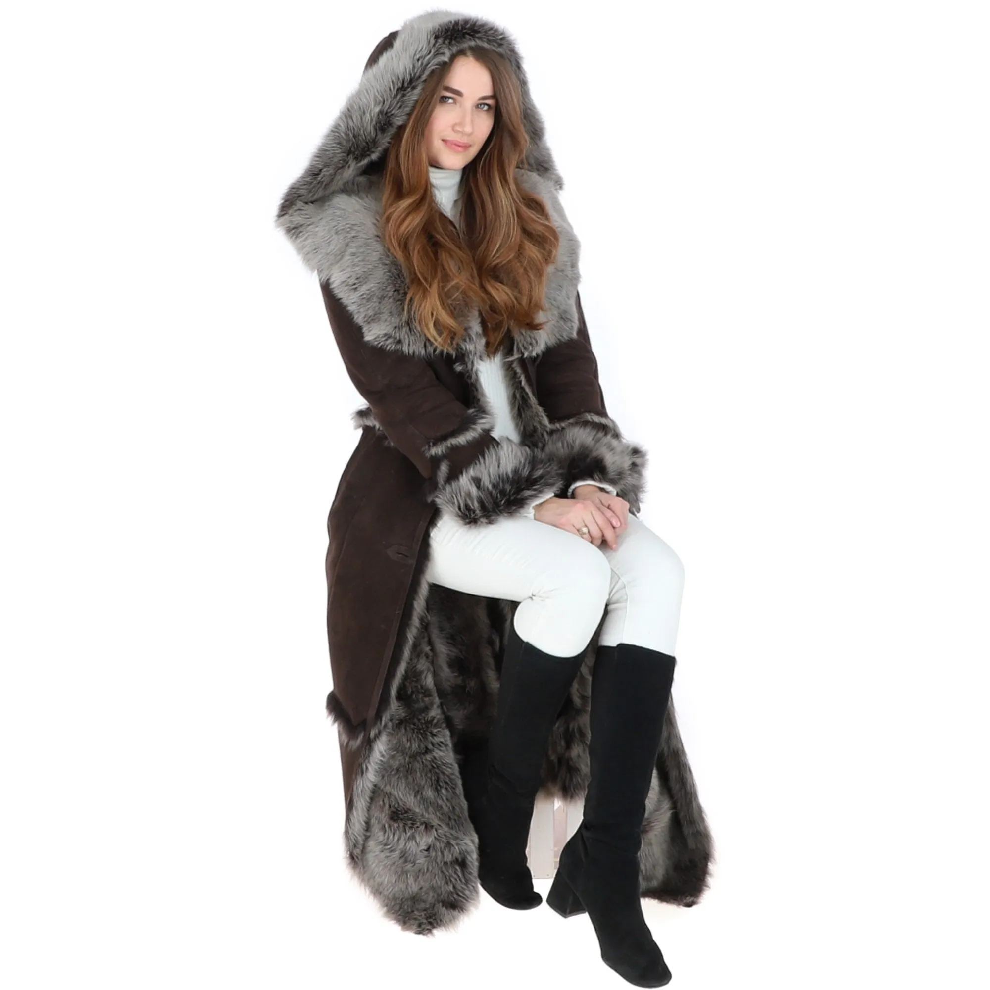 Sheepskin Coat Long Length Brown: Sophia - Online Store