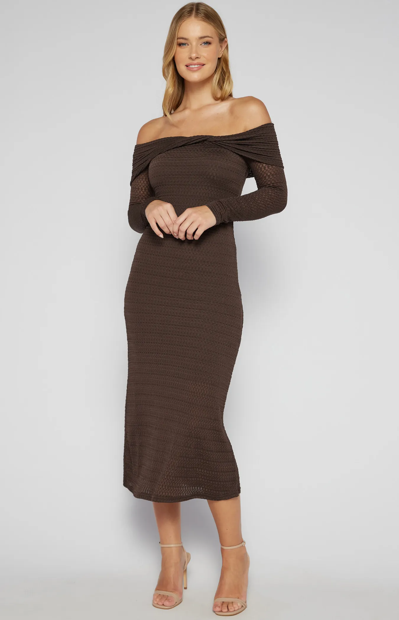 Textured Jersey Off Shoulder Midi Dress with Twist Detail (SDR1553B)