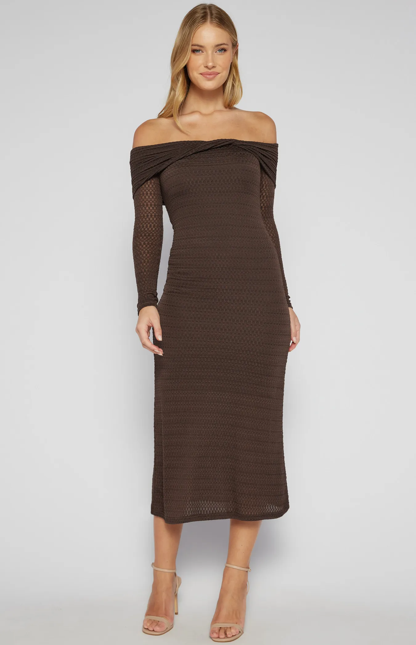 Textured Jersey Off Shoulder Midi Dress with Twist Detail (SDR1553B)