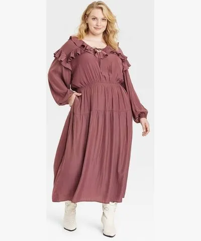 Universal Thread Women Long Sleeve Ruffle Maxi A Line Dress