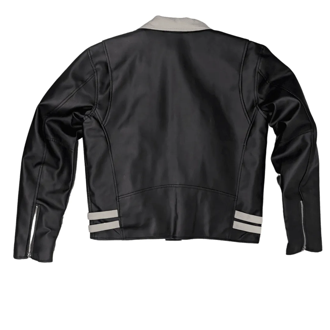 Vegan Black Moto Jacket with White Collar & Detail