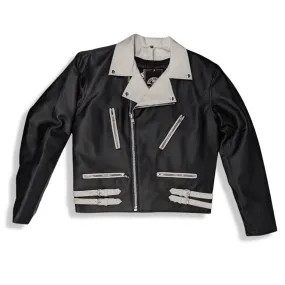 Vegan Black Moto Jacket with White Collar & Detail