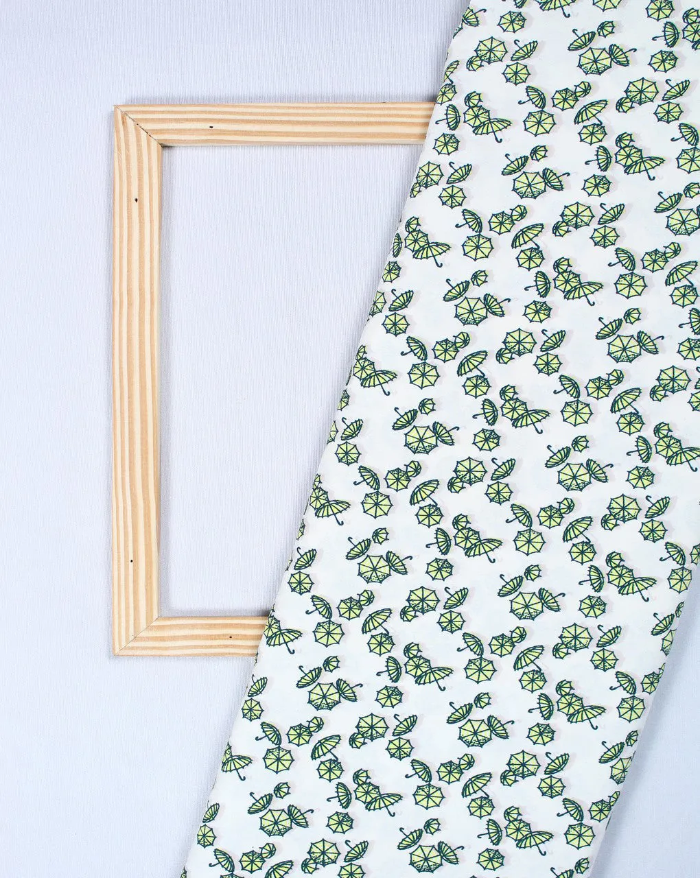 White and Green Umbrella Patterned Polyester Crepe Fabric